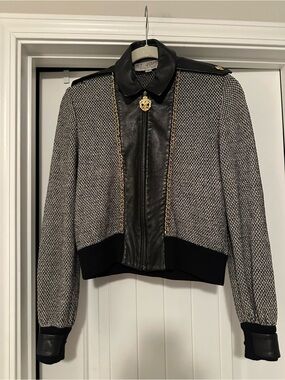 St. John Collection by Marie Gray P Black/Gray Leather Knit Bomber Jacket